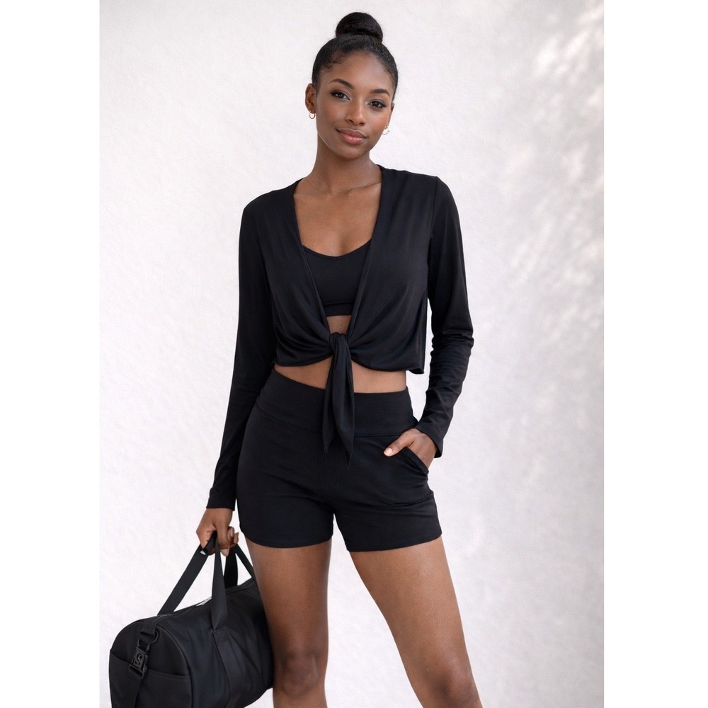 NWOT Baleaf Womens Black Front Tie Long Sleeve Crop Top‎ Activewear Size S